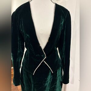Vintage Lalique Designs Emerald Green Velvet Rhinestone Jacket & Skirt Set